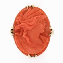 Antique 10k Yellow Gold Detailed Oval Carved Orange Coral Cameo Solitaire Ring