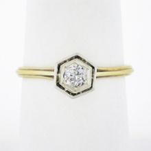 Antique 14k TT Gold 0.20 ctw European Diamond Hexagon Open Basket Engagement Rin