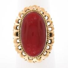 Vintage 18k Gold GIA Oval Cabochon Orange-Red Coral w/ Open Work Frame Ring