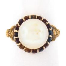 Antique Victorian 18k Yellow Gold GIA 9.46mm Pearl w/ Floral Side Solitaire Ring