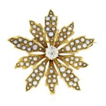 Antique Victorian 14k Gold Diamond & Seed Pearl Flower Burst Pin Brooch Pendant