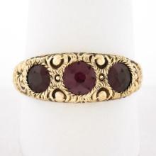 Antique Victorian 14k Gold 1.80 ctw Bezel Rhodolite Garnet Textured Repousse Rin