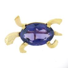 Vintage 14k Yellow Gold Oval Purple Stone Detailed Turtle or Tortoise Pin Brooch