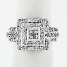 18k White Gold 1.20 ctw Round & Princess Cut Diamond Tiered Square Cluster Ring