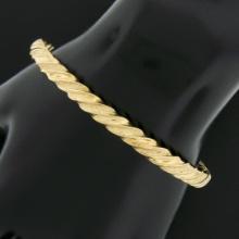 14K Yellow Gold 6.5" 5.6mm Dual Finish Twisted Hinged Open Stack Bangle Bracelet