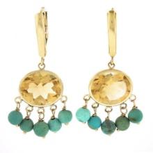 14k Gold Oval Bezel Yellowish Orange Citrine Bead Turquoise Drop Dangle Earrings