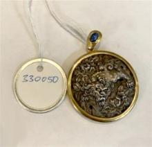 18K Yellow Gold Sapphire & Meiji Period Japanese Silver Manju Pendant