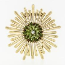 Vintage Retro 14K Gold Peridot & Diamond Cluster Radiating Spray Flower Brooch