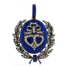 Antique Georgian 18k Gold Silver Diamond Royal Blue Enamel Laurel Wreath Pendant