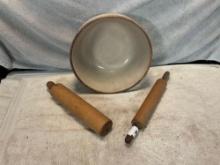 unmarked stoneware mixing bowl w/(2) wooden rolling pins