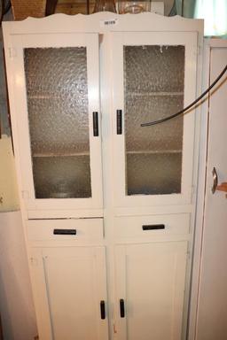 Vintage White Frosted Glass Kitchen Cabinet