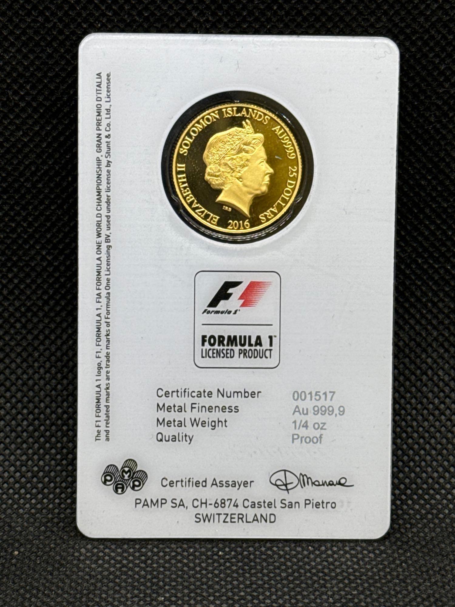 PAMP 1/4 Oz 999.9 Fine Gold Formula 1 $25 Gold Bullion Coin