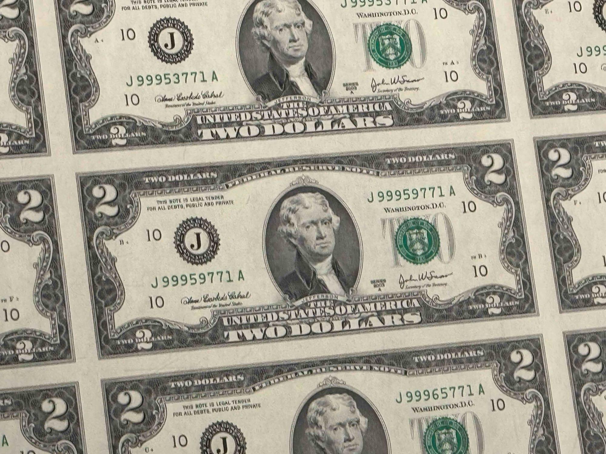 Uncut Sheet of $2 Bills 32 Count Series 2003 A $64 Face Value