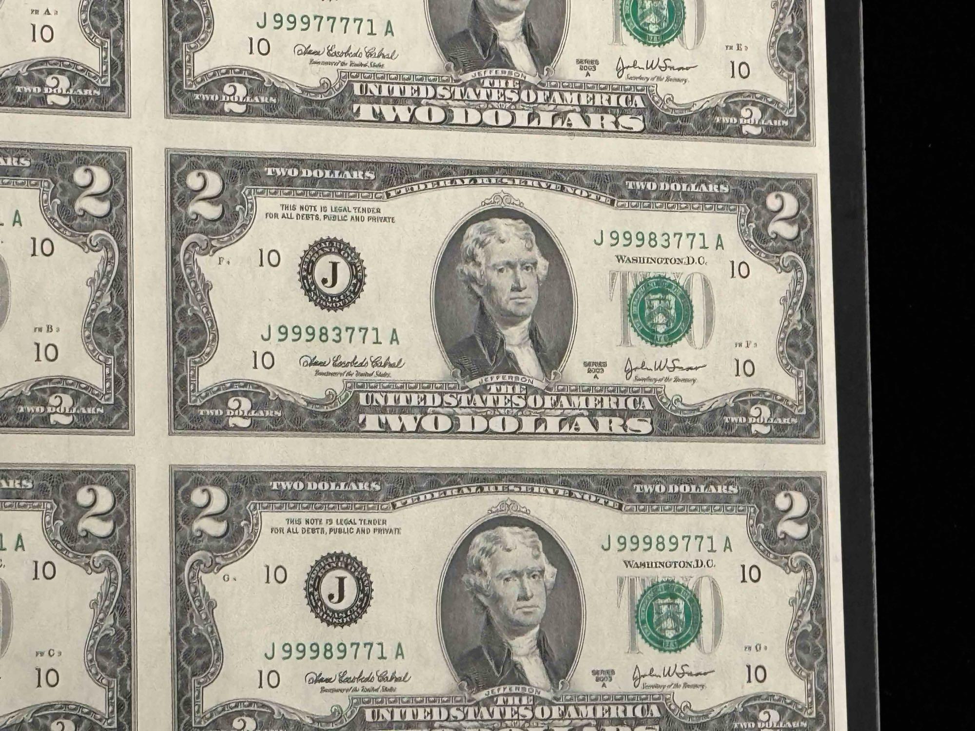 Uncut Sheet of $2 Bills 32 Count Series 2003 A $64 Face Value