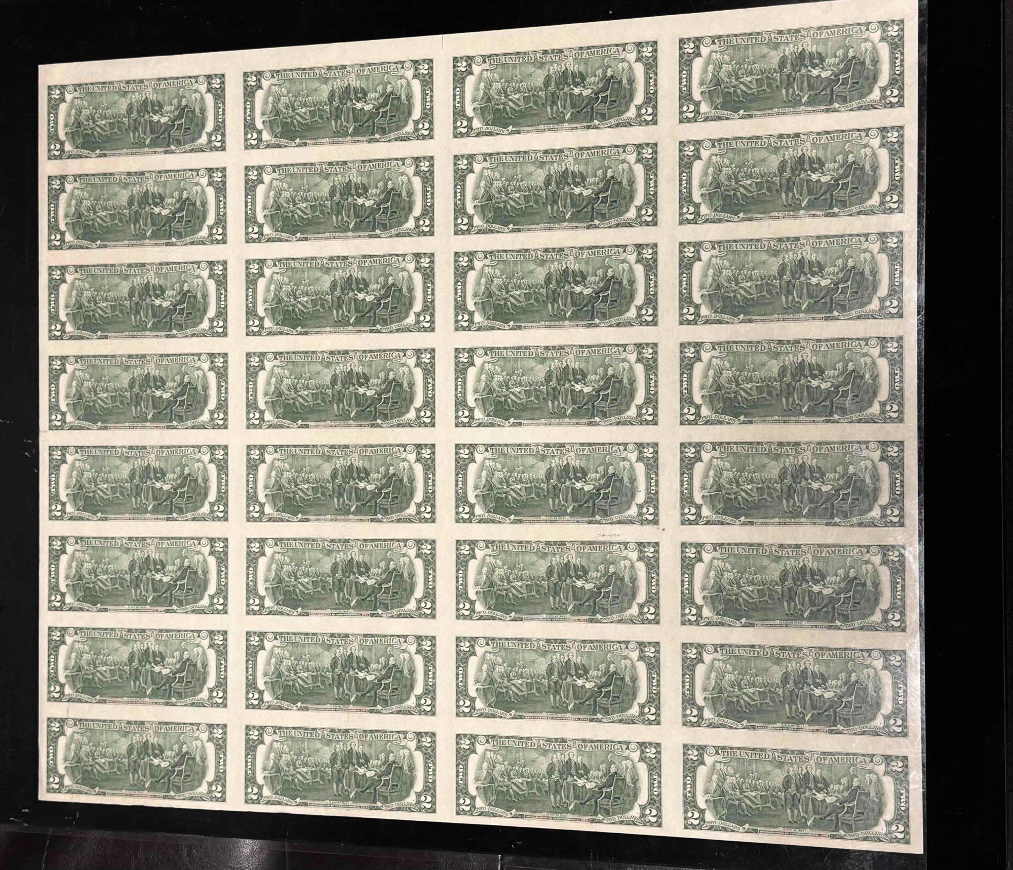 Uncut Sheet of $2 Bills 32 Count Series 2003 A $64 Face Value