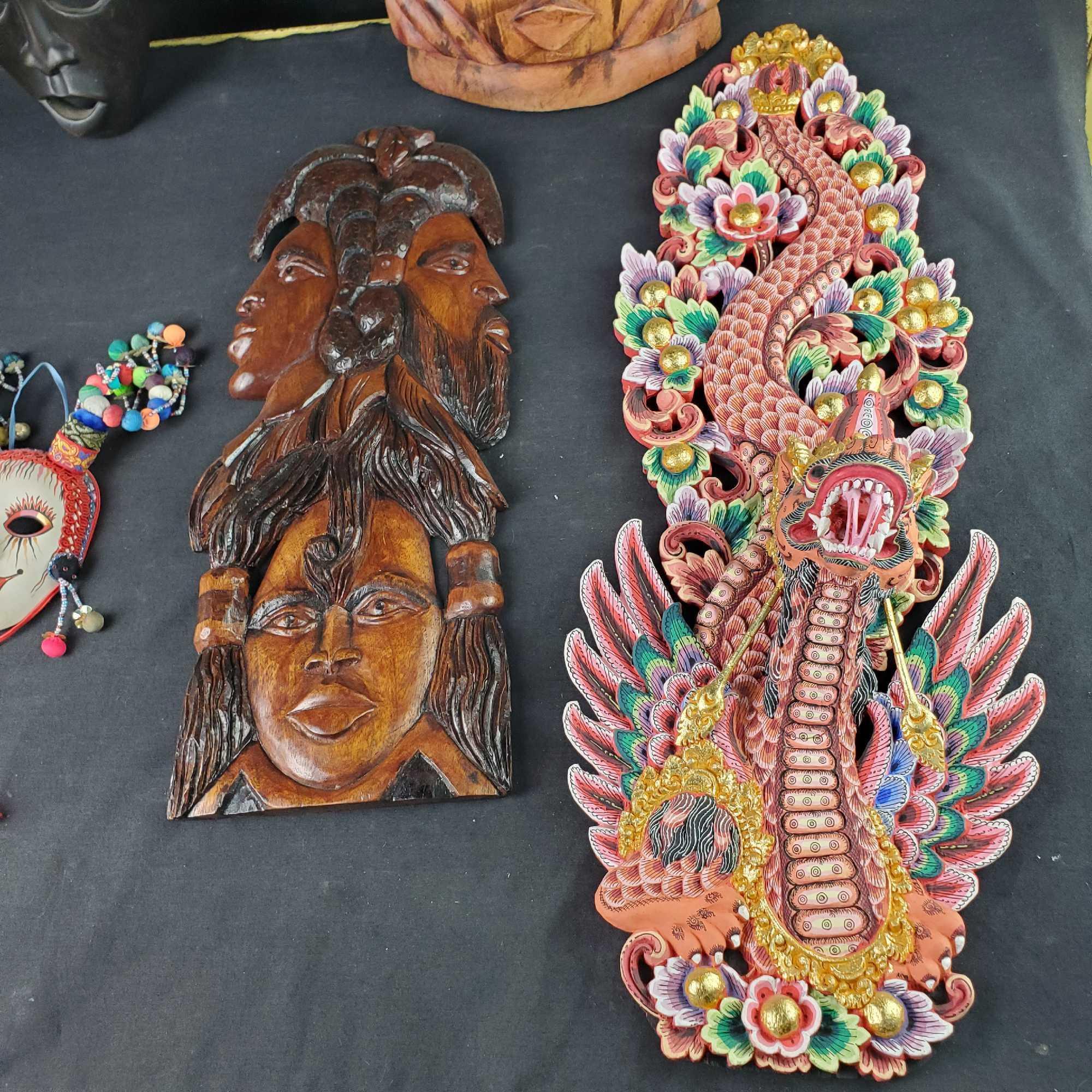 3 unique wooden masks 1 ceramic 2 decorative wall art pieces