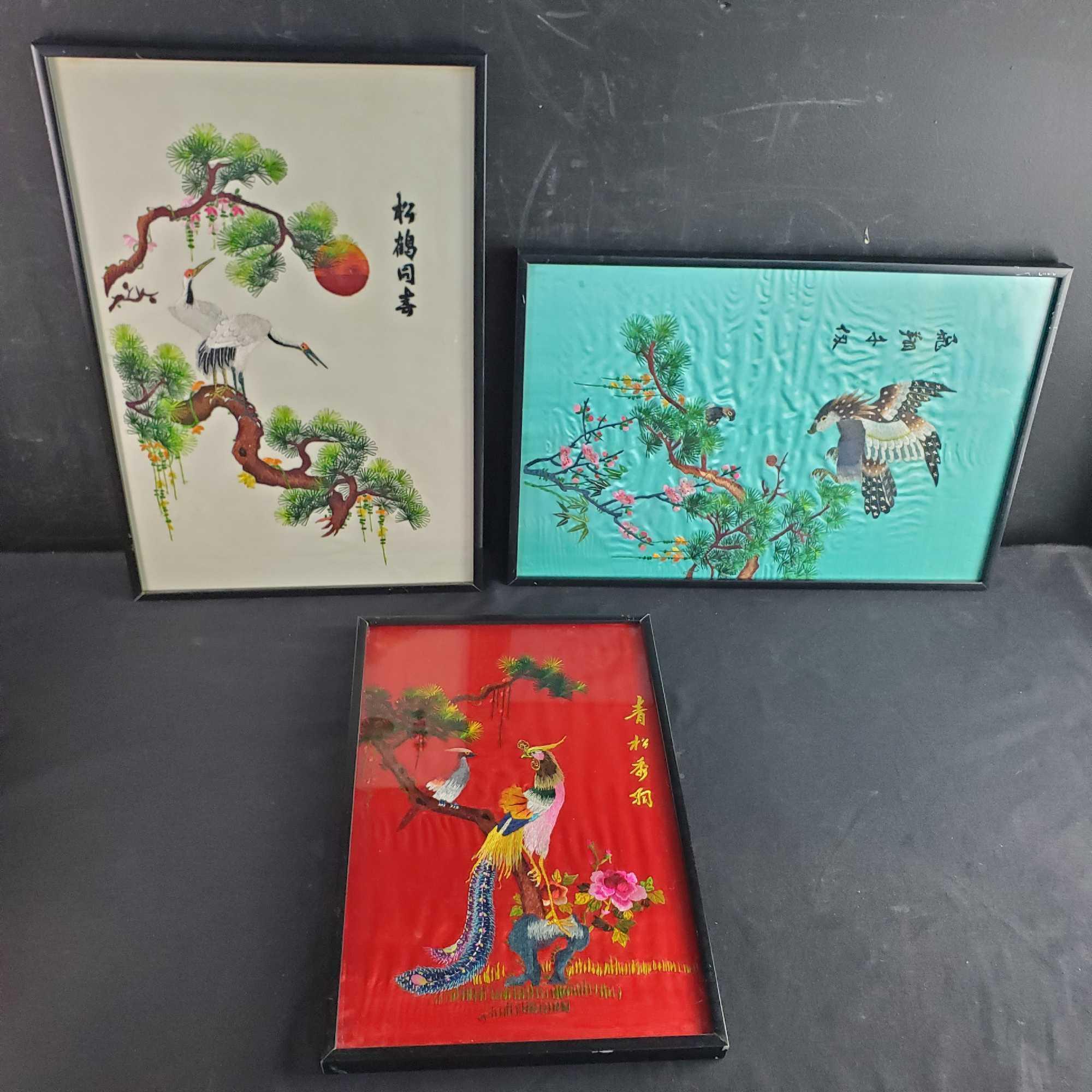 3 Framed vintage Japanese Hand Silk Embroidery Needlepoint Art Scenes