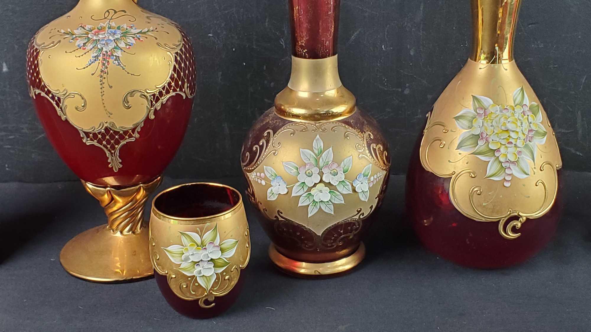 Lot of vintage Murano carafes decanters venetian vases bottles glasses etc.