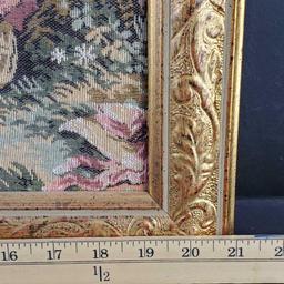 Framed needle point fabric/quilt tapestry art Victorian age picnic