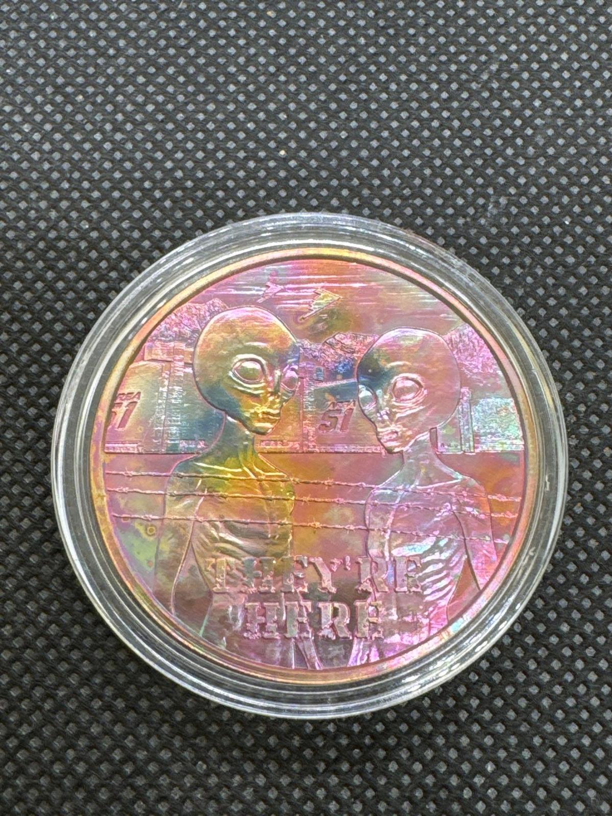 1 Oz .999 Fine Copper Alien Bullion Rainbow Tone Coin
