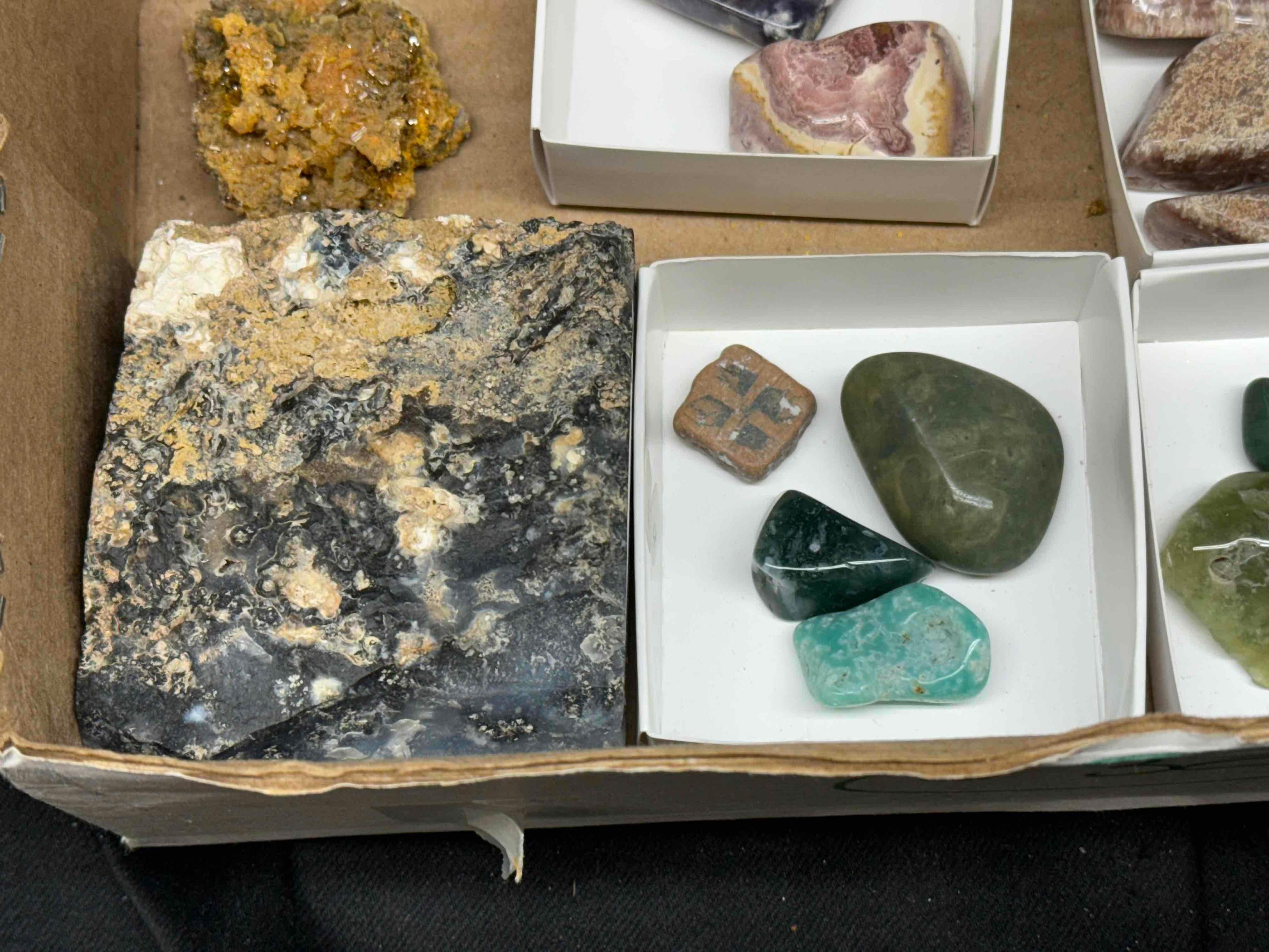 Flat of Assorted Mineral Specimens Jasper Agate, Malachite, Selenite more
