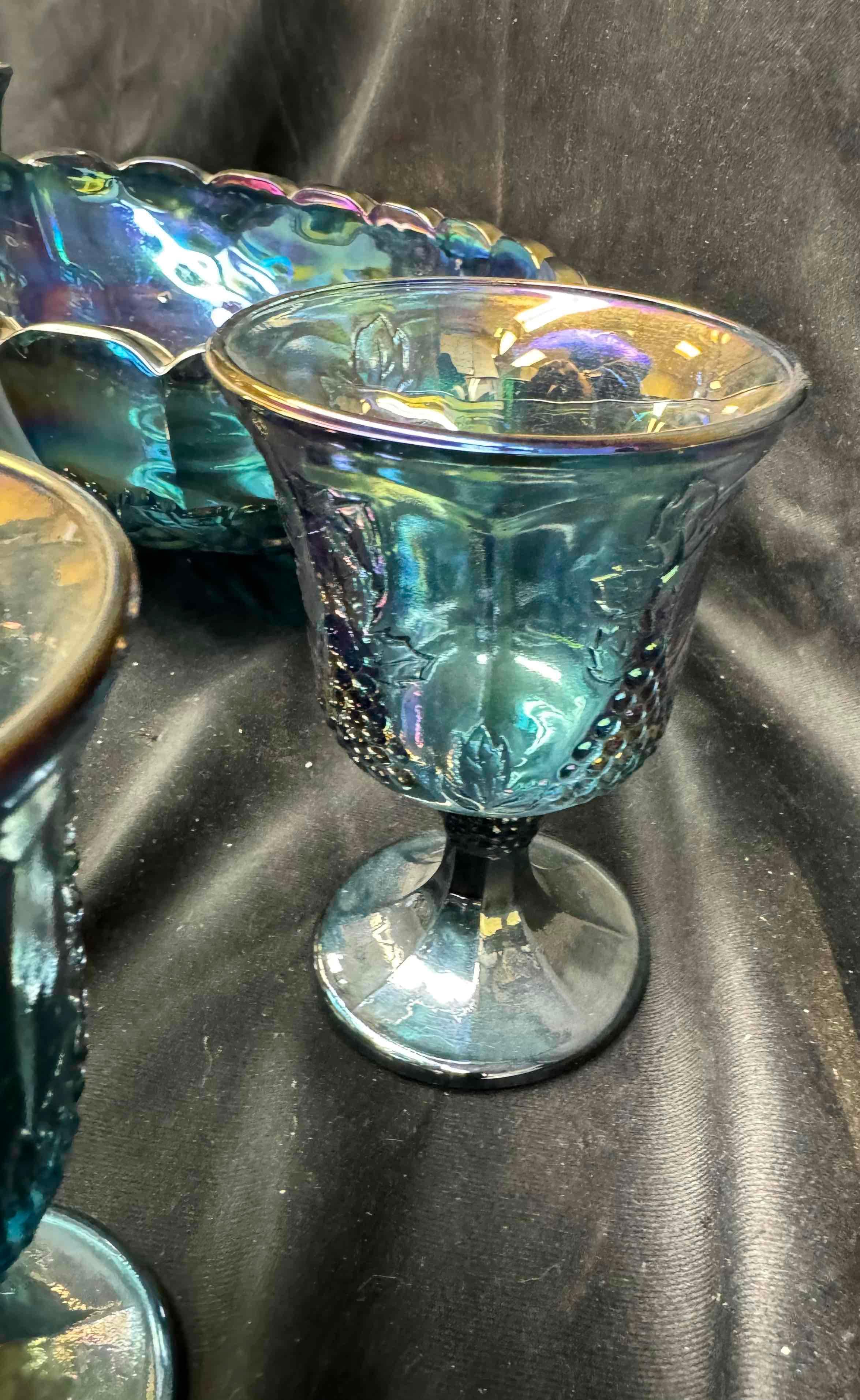 Indiana Glass Blue Carnival Harvest Grape Goblets, Bowl more