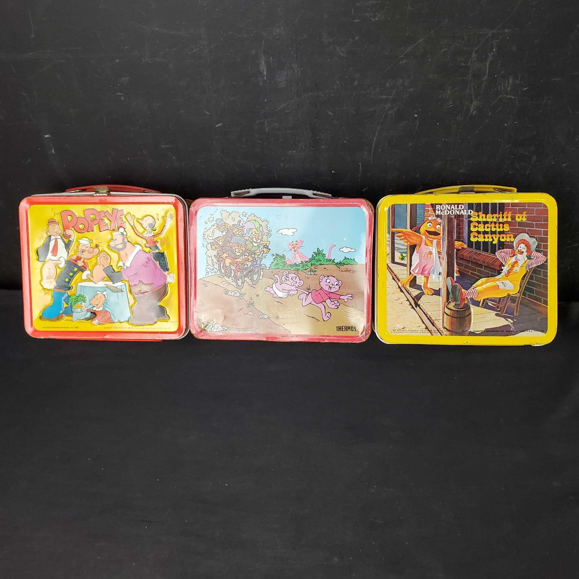 3 Lunch pail boxes 1980s Popeye Pink Panther And Sons McDonalds
