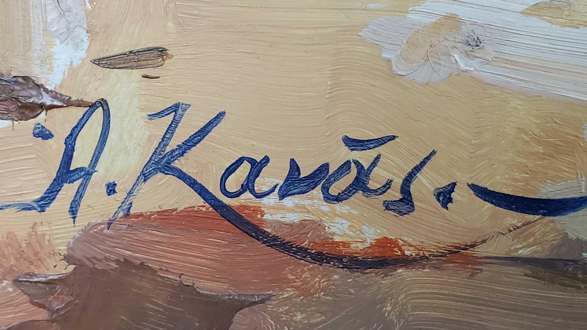 Framed oil/Masonite artwork beached sailboat barrels dinghy with signature