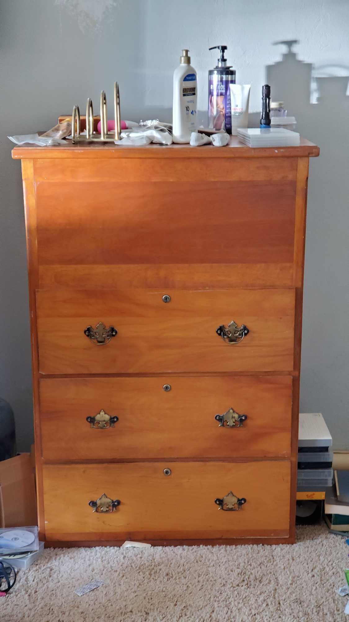 Large wooden dresser with clothing/contents @ farm