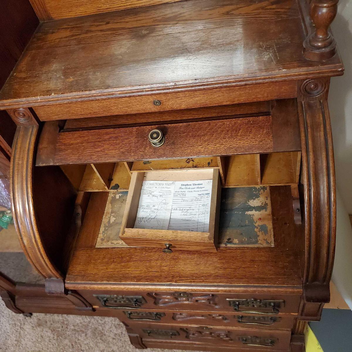 Victorian Antique Oak Roll Top Secretary Desk And Bookcase with contents @ Farm