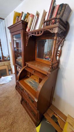 Victorian Antique Oak Roll Top Secretary Desk And Bookcase with contents @ Farm