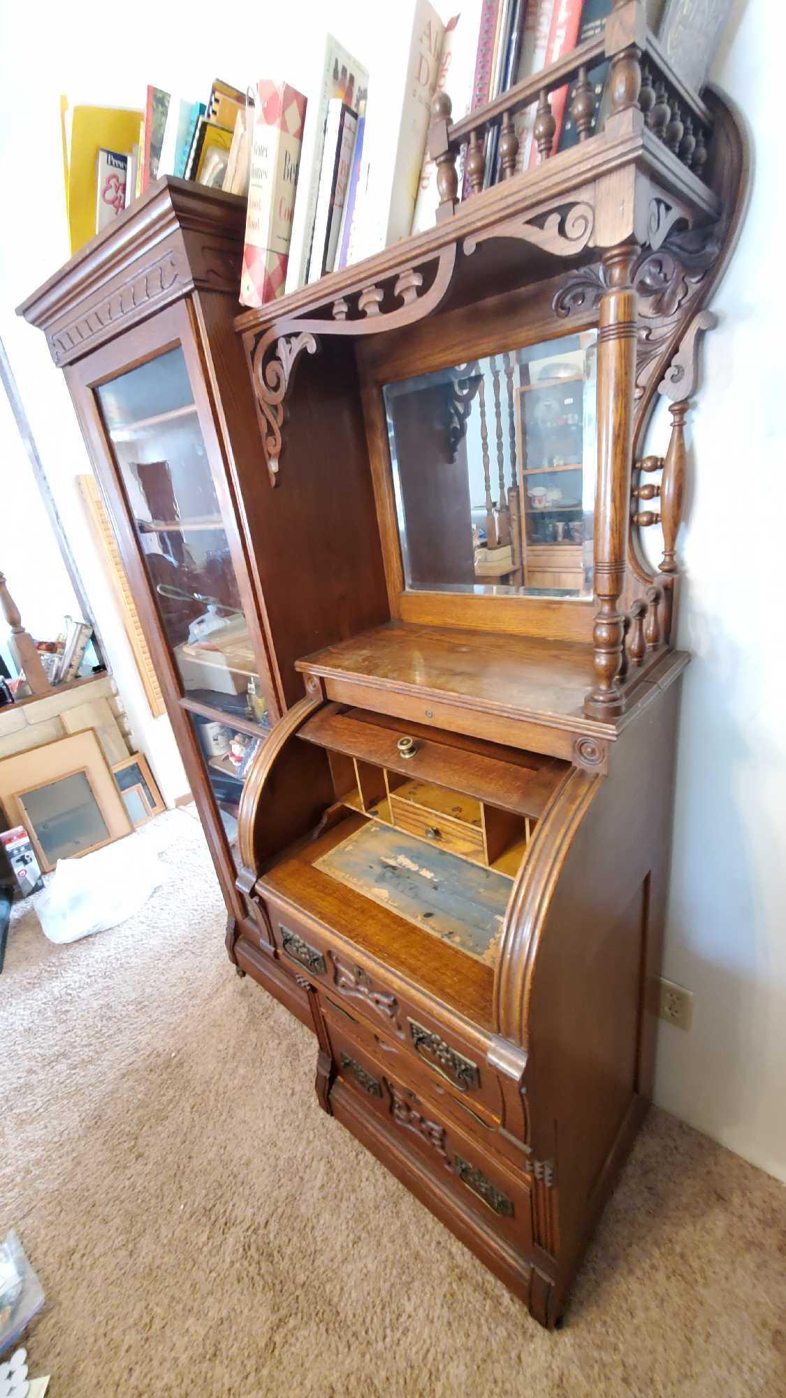 Victorian Antique Oak Roll Top Secretary Desk And Bookcase with contents @ Farm