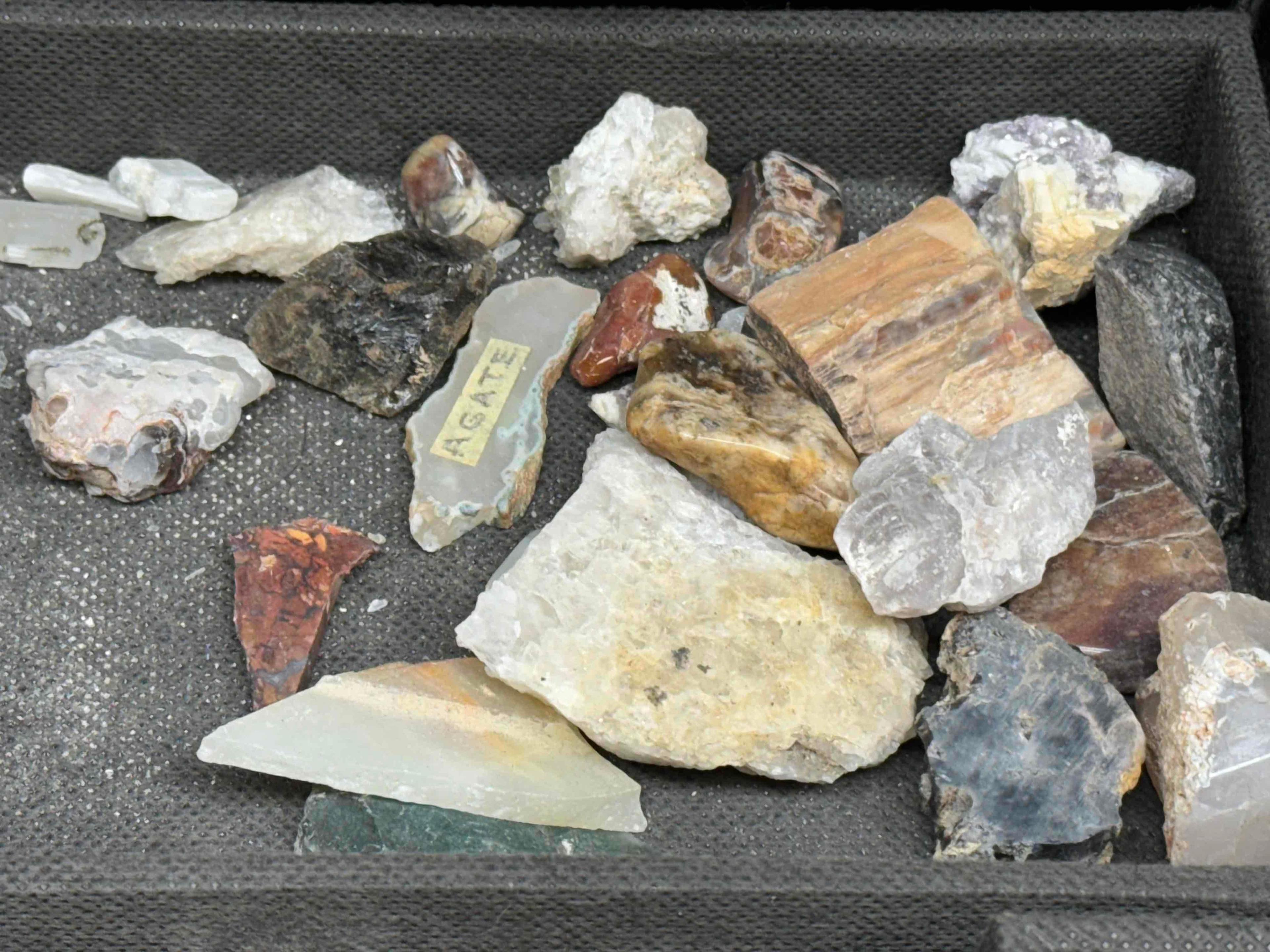 Container Full of Assorted Mineral Specimens. Agate, Copper Sulfate, Hanksite more