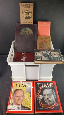 Bin of antique/vintage books magazenes yearbooks etc