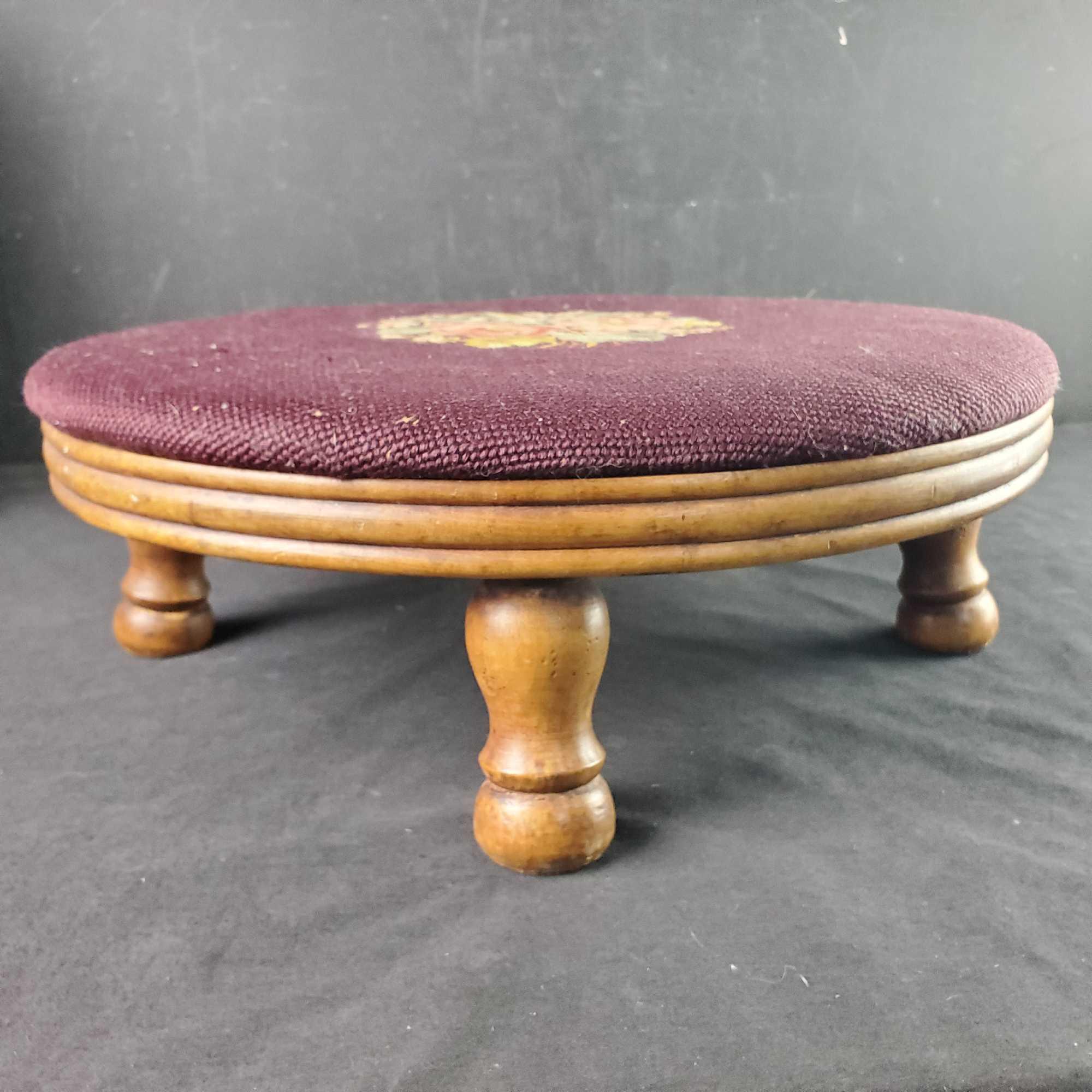 Vintage cast iron/leather foot stool round wood Needlepoint footstool