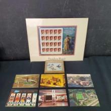 Humphrey Bogart block unused stamps Small framed artwork 6 vintage postcards 6