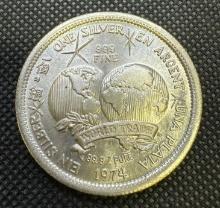 1974 World Trade 1 Troy Oz 999 Fine Silver Bullion Coin