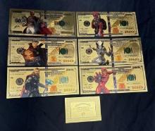 6x 24kt Gold plated Marvel comics $100 With COA