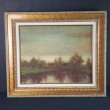 Framed artwork oil/canvas pond /house/landscape