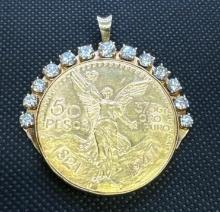 1947 Gold 50 Pesos Set In 14k Gold And Diamond Pendent 51.41 Grams