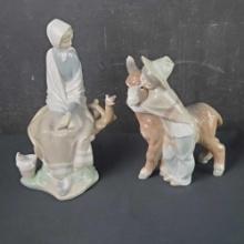 2 vintage Lladro porcelain figures 4576/1181 Shepherdess and Boy Hugging His Donkey