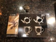 Set of 4 Teapot Pewter Napkin Rings - plus Key Hook