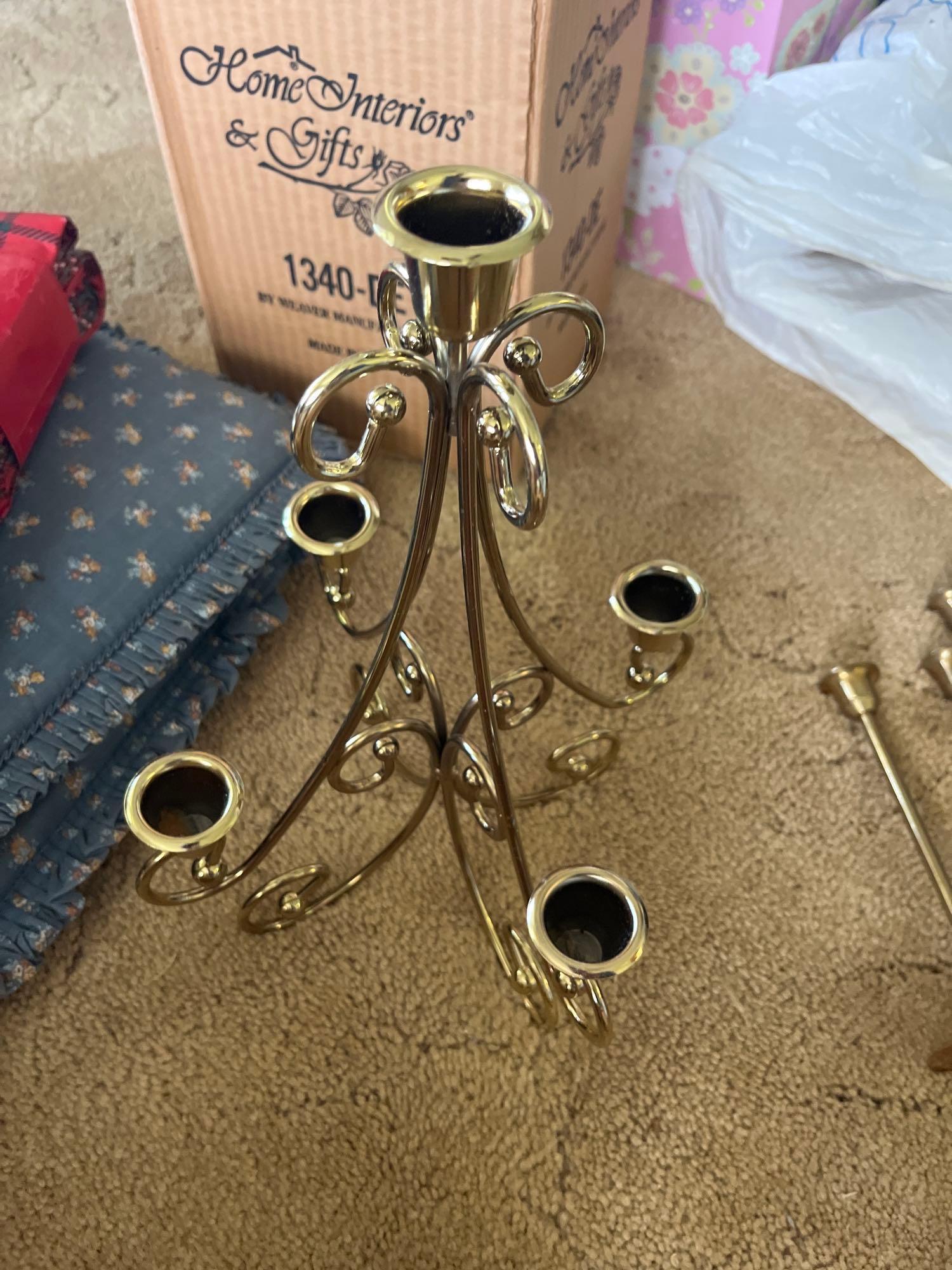 vintage brass candle stick holders with glass pieces