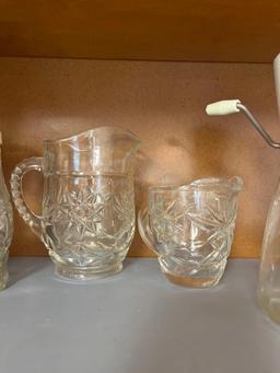 small glass pitchers, syrup bottle, oil bottle