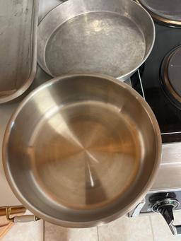 large cake pan, 2 stainless bowls, round cake pan