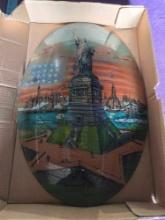 Hand Painted Oval Glass, Statue of Liberty, 1917.