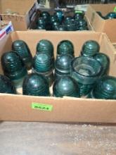 Box of 13 Antique, Green Glass Insulaters.