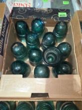Box of 12 Antique, Green Glass Insulators.
