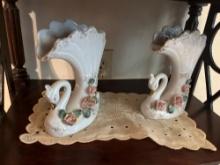 Pair of swan vase and doilies