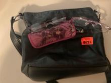 Black purse, and two pair of eyeglasses, and one eyeglass case
